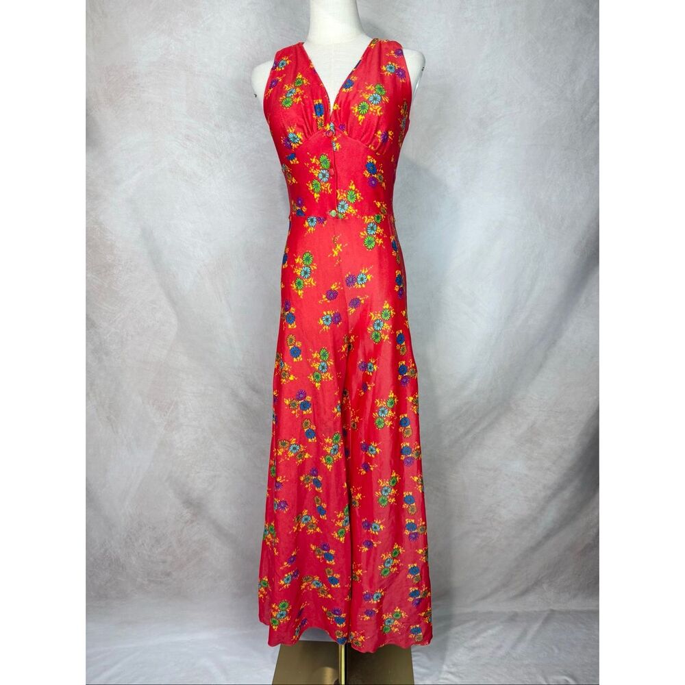 Vintage 1970s Flower Power Bell Bottom Jumpsuit Disco Mod MCM Palazzo READ
